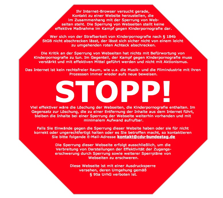 Stoppschild auf www.cdu-bundestag.de